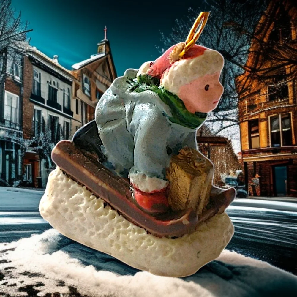 Vintage Victorian Child‎ On Sled Ornament Mini Micro Diorama Christmas Porcelain